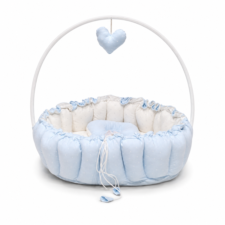 Adorables Baby Bed for Newborn | Oval Bed | Twinkle Blue & White Star | Cotton with Recron filling | With Removable Net