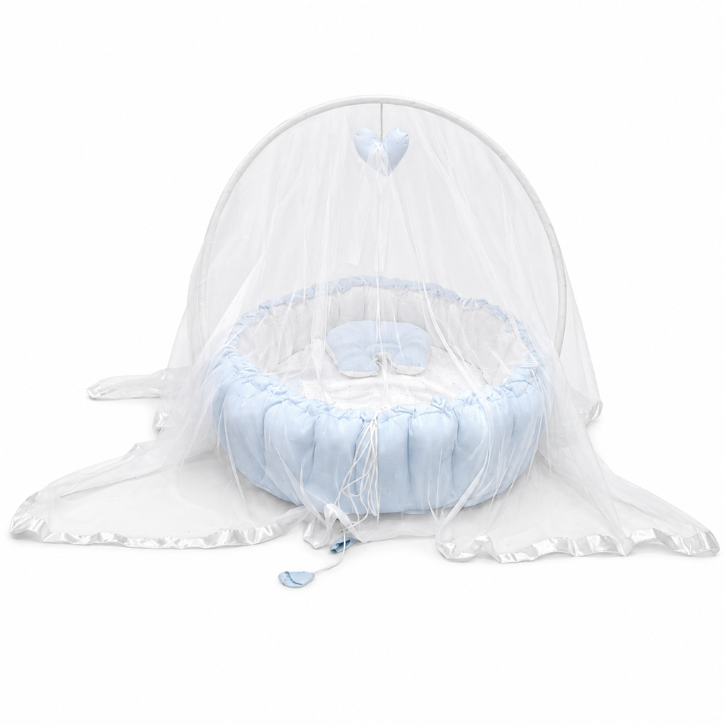 Adorables Baby Bed for Newborn | Oval Bed | Twinkle Blue & White Star | Cotton with Recron filling | With Removable Net
