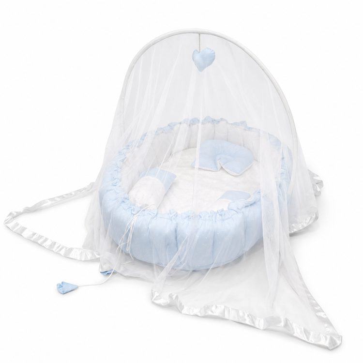 Adorables Baby Bed for Newborn | Oval Bed | Twinkle Blue & White Star | Cotton with Recron filling | With Removable Net