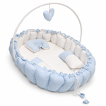 Adorables Baby Bed for Newborn | Oval Bed | Twinkle Blue & White Star | Cotton with Recron filling | With Removable Net