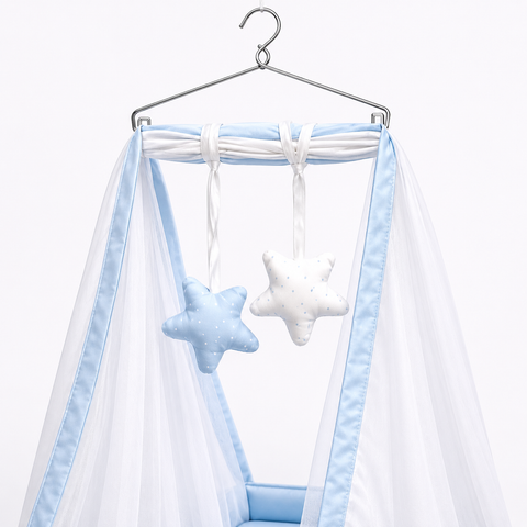 Adorables Baby Cradle for Newborn | Bed Cradle Set | Twinkle Blue and White Star | Cotton with Recron Filling | Includes Net & Star Hangings