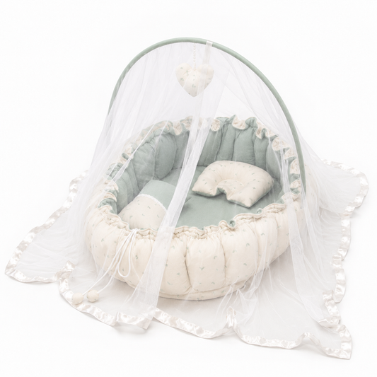 Adorables Baby Bed for Newborn | Oval Bed | Rainbow Charm & Green | Quilted Cotton with Recron filling | With Removable Net