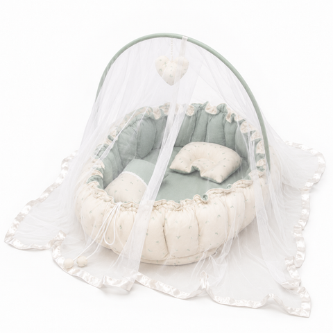Adorables Baby Bed for Newborn | Oval Bed | Rainbow Charm & Green | Quilted Cotton with Recron filling | With Removable Net