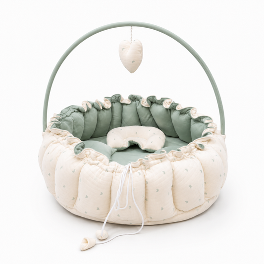 Adorables Baby Bed for Newborn | Oval Bed | Rainbow Charm & Green | Quilted Cotton with Recron filling | With Removable Net
