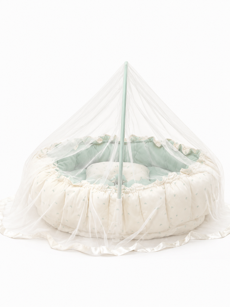 Adorables Baby Bed for Newborn | Oval Bed | Rainbow Charm & Green | Quilted Cotton with Recron filling | With Removable Net