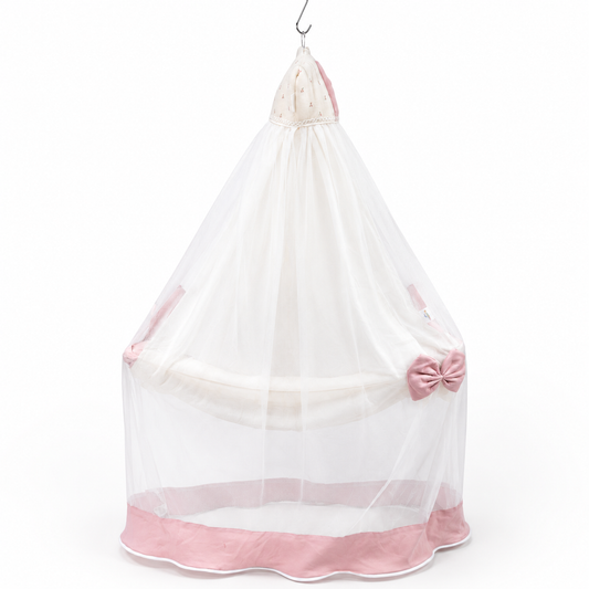 Adorables Baby Cradle for Newborn | Bed Cradle Set | Cherry Blush & Pink | Cotton with Recron Filling | Includes Net & Star Hangings