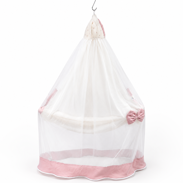 Adorables Baby Cradle for Newborn | Bed Cradle Set | Cherry Blush & Pink | Cotton with Recron Filling | Includes Net & Star Hangings