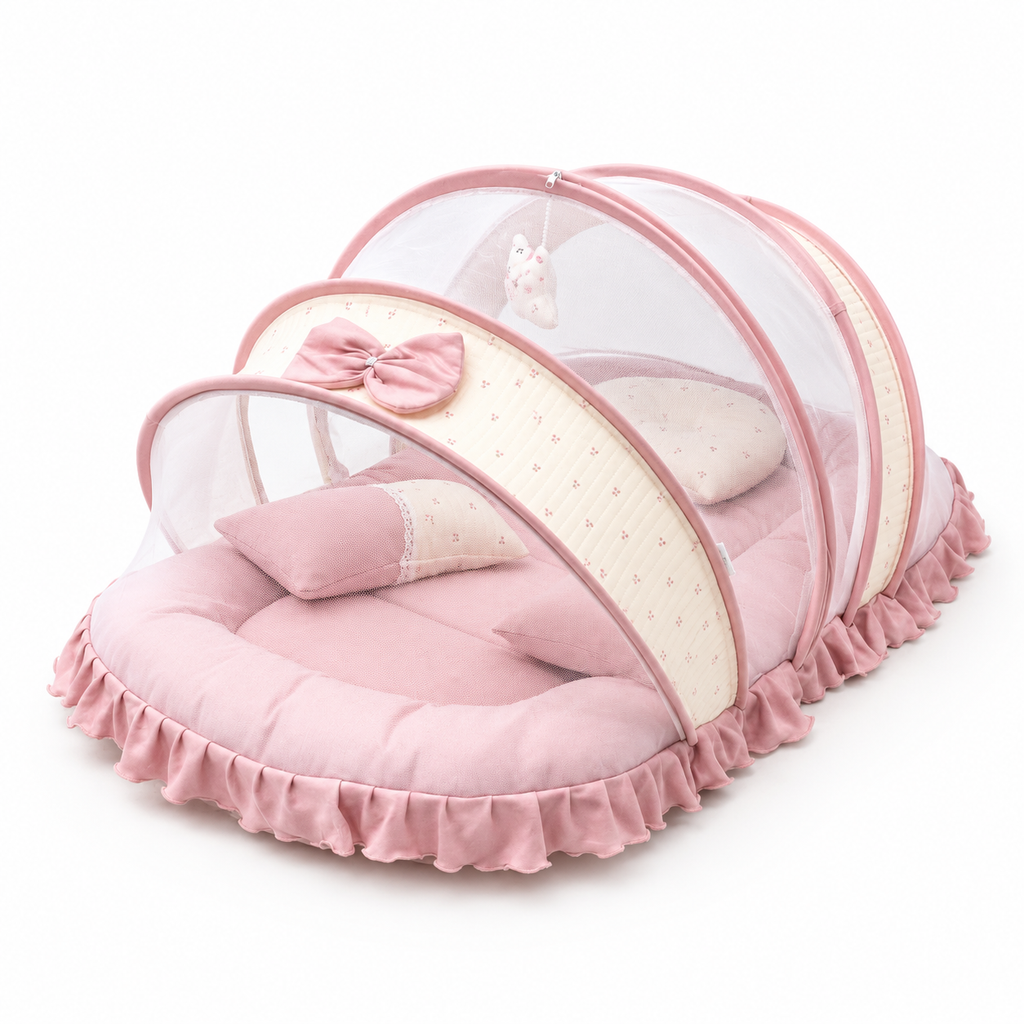 Adorables Baby Mesh Infant Bed |  Cherry Blush & Pink  | Bow Work & Lace Design | Rexin, Cotton & Recron (Copy)