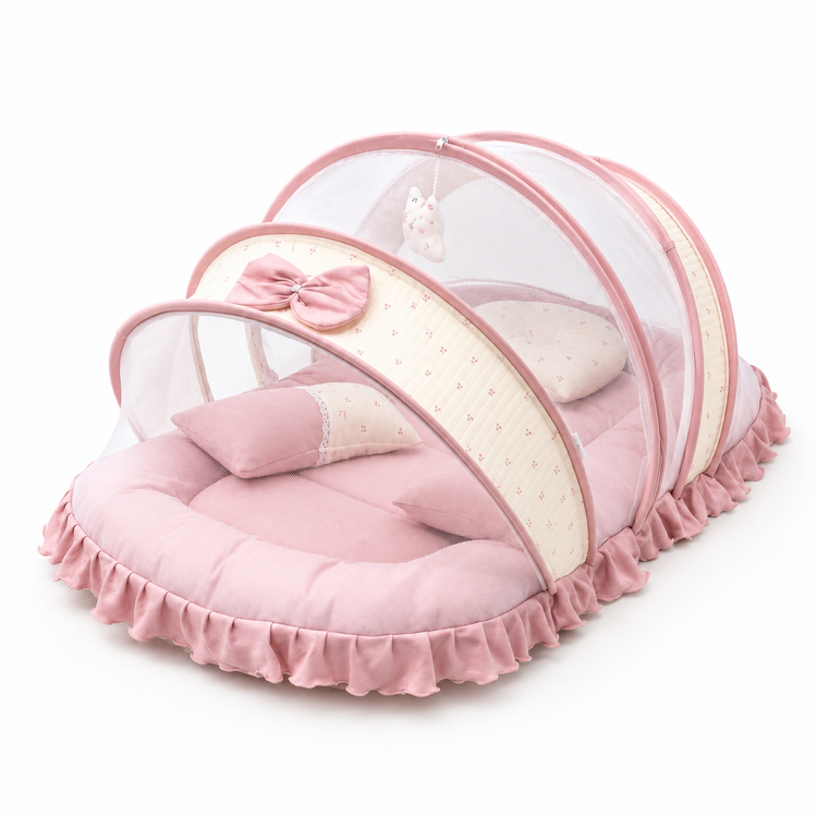 Adorables Baby Mesh Infant Bed |  Cherry Blush & Pink  | Bow Work & Lace Design | Rexin, Cotton & Recron (Copy)