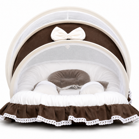 Adorables Baby Mesh Infant Bed | Chocolate Brown & Off White | Bow Work & Lace Design | Rexin, Cotton & Recron