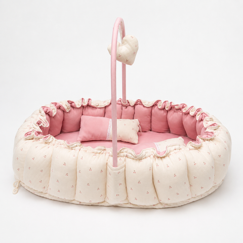 Adorables Baby Bed for Newborn | Oval Bed | Cherry Blush & Pink | Quilted Cotton with Recron filling | With Removable Net
