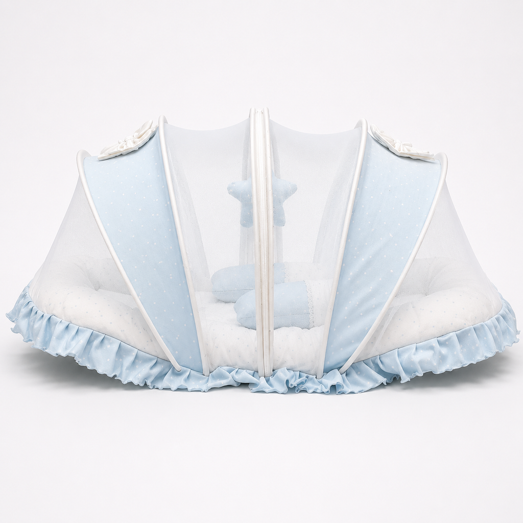 Adorables Baby Mesh Infant Bed | Twinkle Blue & White Star | Bow Work & Lace Design | Soft Cotton & Recron