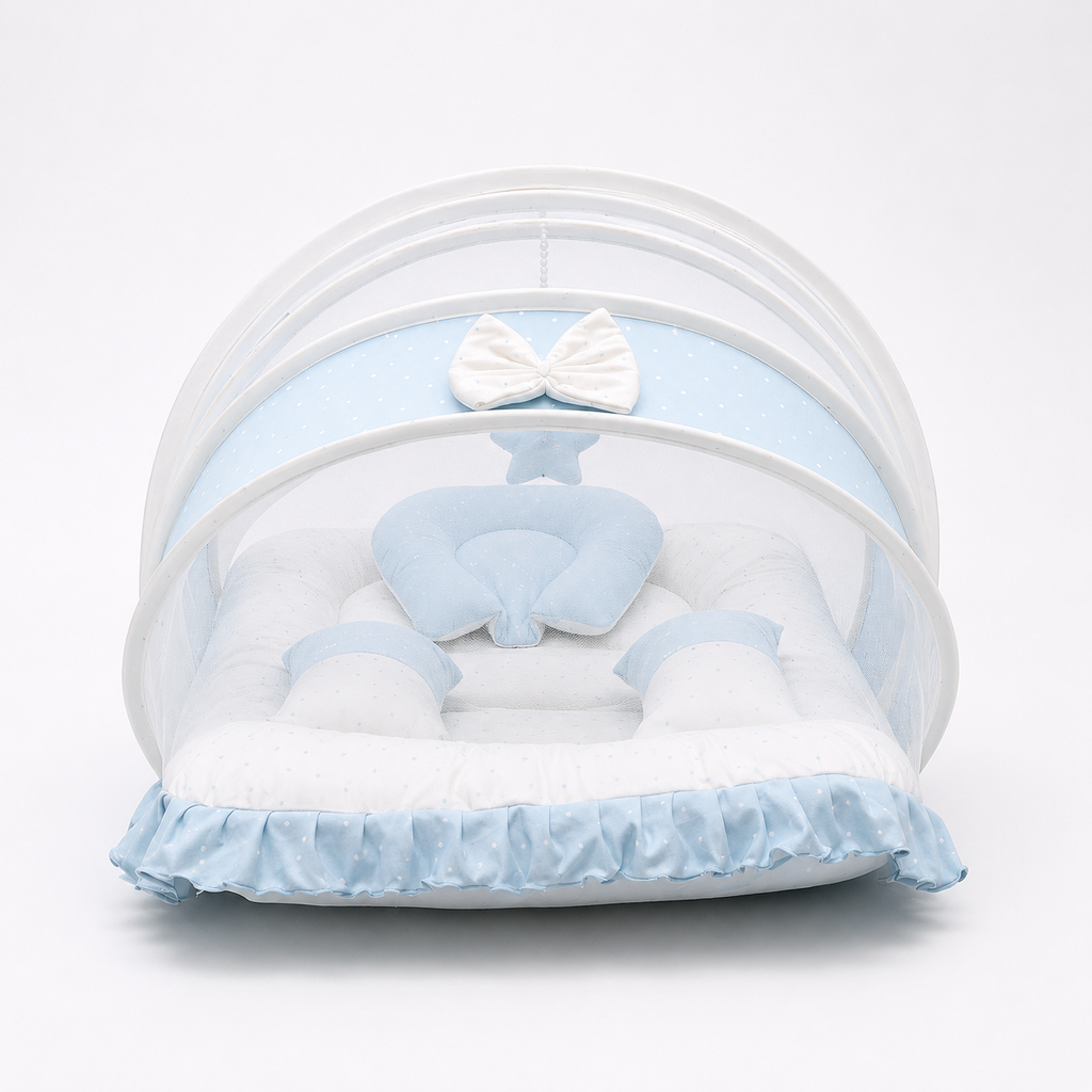 Adorables Baby Mesh Infant Bed | Twinkle Blue & White Star | Bow Work & Lace Design | Soft Cotton & Recron