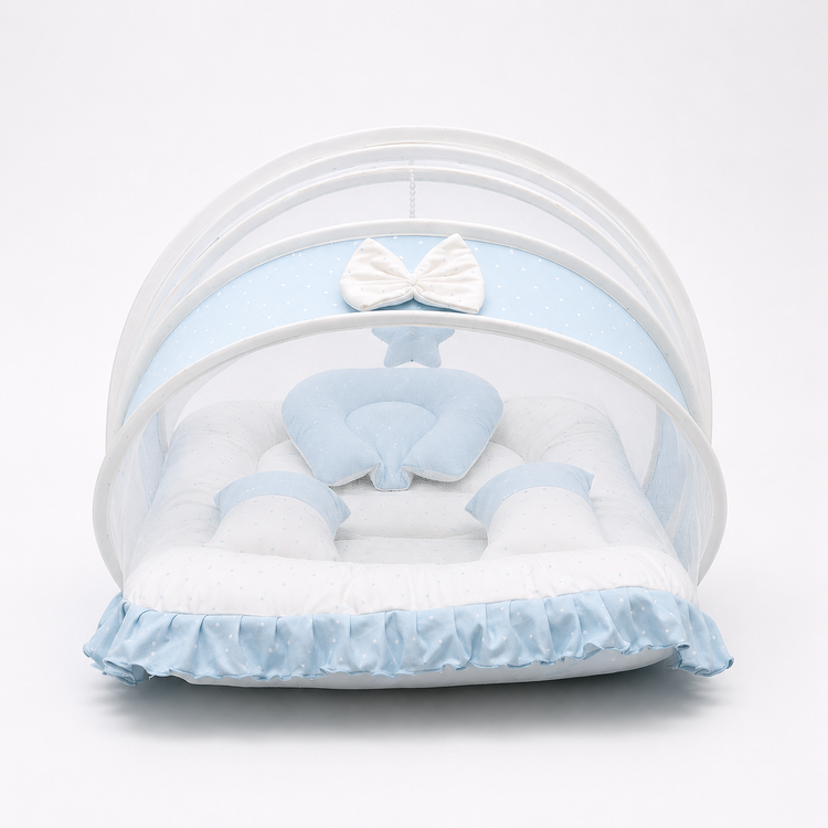Adorables Baby Mesh Infant Bed | Twinkle Blue & White Star | Bow Work & Lace Design | Soft Cotton & Recron