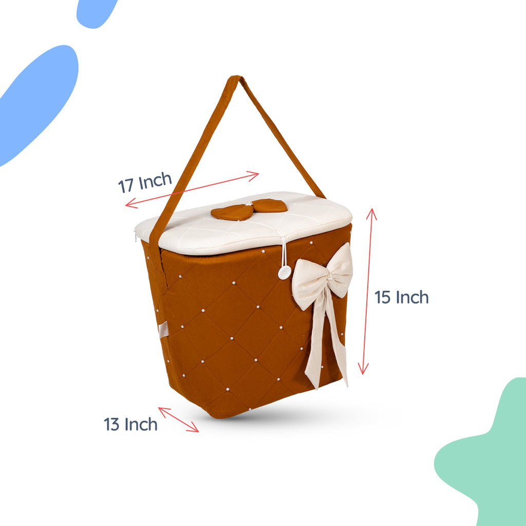 Adorables Baby Round Bedding Combo Set 4 in 1 | Coffee & Off White | Bow, Pearls & Lace Design | Cotton & Recron | Includes Round Bed, Sleeping Bag, Basket (L) & Feeding Pillow