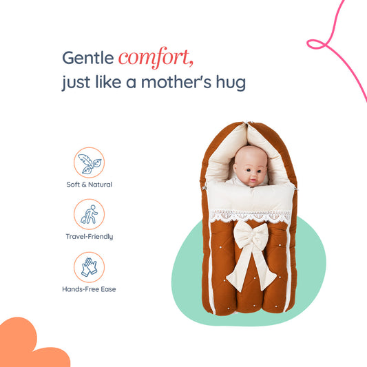 Adorables Baby Sleeping Bag | Coffee & Off White | Bow Work, Pearls Work, Lace Design | Cotton & Recron