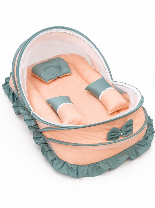 Adorables Mesh Infant Bed | Pastel Garden | Peach in White Dot ,Mocha Green | Bow Work with Lace Design | Cotton with Recron Filling