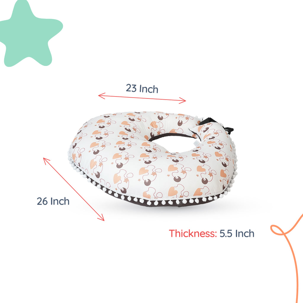 Adorables Baby Oval Bedding Combo Set 4 in 1 | Dark Coffee & White | Heart Print, Bow & Pompom Lace Design | Cotton & Recron | Includes Oval Bed, Baby Holder, Basket (L) & Feeding Pillow.