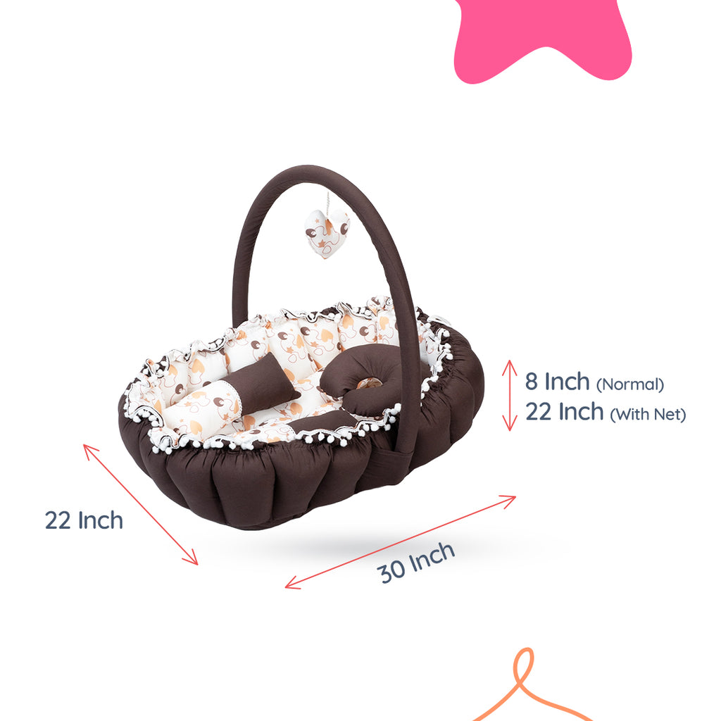 Adorables Baby Oval Bedding Combo Set 4 in 1 | Dark Coffee & White | Heart Print, Bow & Pompom Lace Design | Cotton & Recron | Includes Oval Bed, Baby Holder, Basket (L) & Feeding Pillow.