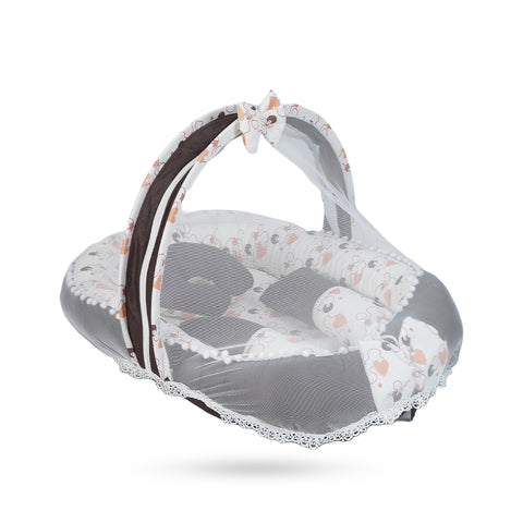 Adorables Baby Nest Bedding Combo Set 3 in 1 | Dark Coffee & White | Heart Print & Lace Design | Cotton & Recron | With Nest Bed, Basket (L) & Sleeping Bag