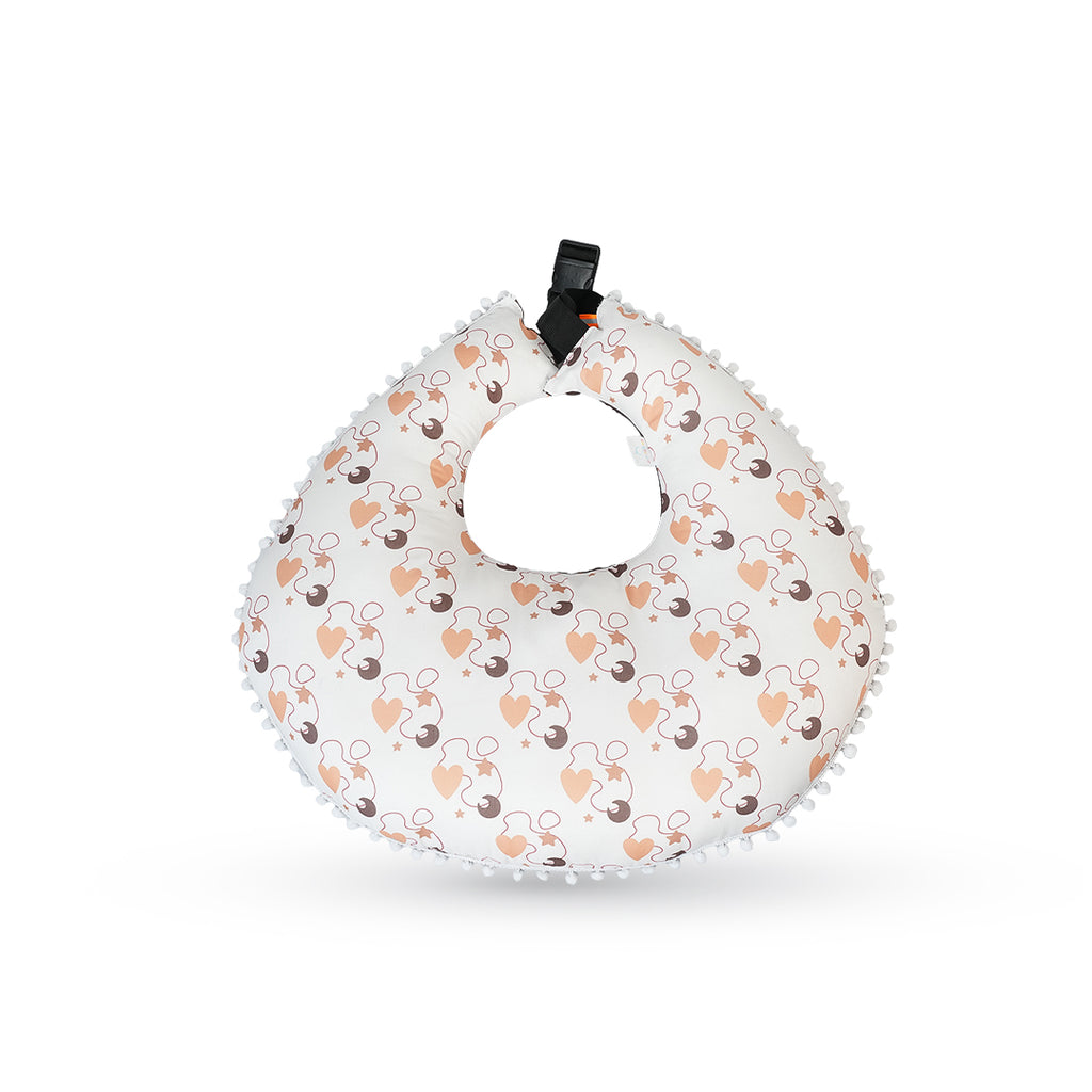 Adorables Baby Square Bedding Combo Set 4 in 1 | Coffee & White | Heart Print, Bow & Lace Design | Cotton & Recron | Includes Square Bed, Baby Holder, Basket (L), and Feeding Pillow.