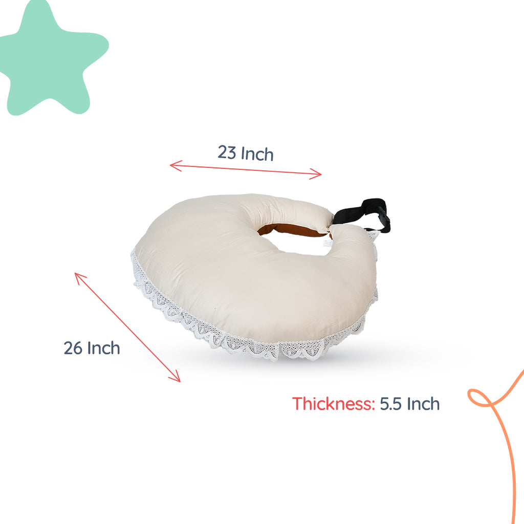 Adorables Baby Round Bedding Combo Set 4 in 1 | Coffee & Off White | Bow, Pearls & Lace Design | Cotton & Recron | Includes Round Bed, Sleeping Bag, Basket (L) & Feeding Pillow