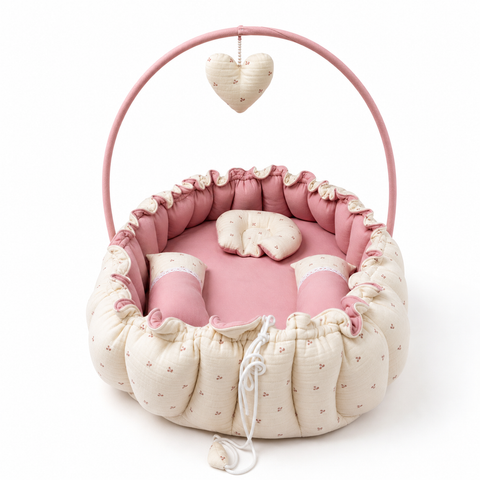Adorables Baby Bed for Newborn | Oval Bed | Cherry Blush & Pink | Quilted Cotton with Recron filling | With Removable Net