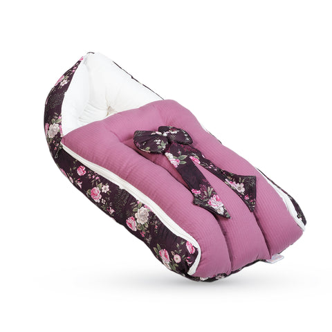 Adorables Baby Oval Bedding Combo Set 3 in 1 | Grape & Dusted Pink | Floral Print, Lace & Bow Accents | Cotton & Recron | Includes Oval Bed, Baby Holder & Storage Basket