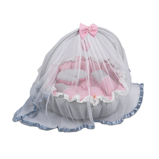 Adorables Round Bed | Grey & Pink | Hanging Pillow, Lace Design | Cotton & Recron
