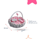 Adorables Baby Round Bedding Combo Set 4 in 1 | Grey & Pink | Lace, Bow & Pearl Design | Cotton & Recron | With Round Bed, Sleeping Bag, Basket (L) & Feeding Pillow