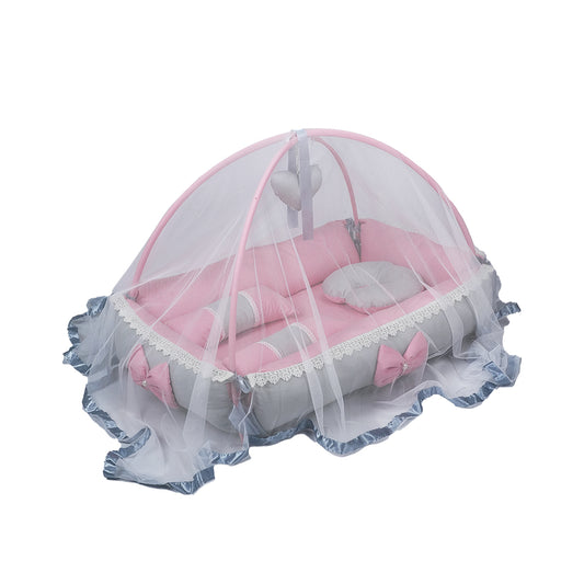 Adorables Square Bed | Grey & Pink | Hanging Pillow, Lace Design | Cotton & Recron