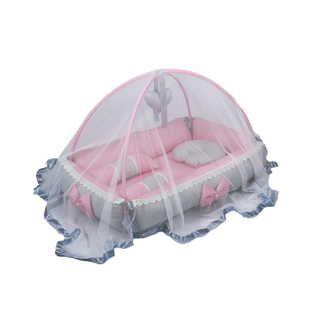 Adorables Baby Square Bedding Combo Set 4 in 1 | Grey & Pink | Bow, Pearls & Lace Design | Cotton & Recron | Includes Square Bed, Sleeping Bag, Basket (L), and Feeding Pillow.