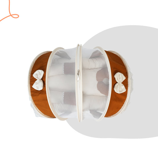 Adorables Mesh Infant Bed | Coffee & Off White | Bow Work with Lace Design | Cotton with Recron Filling