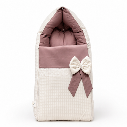 Adorables Baby Sleeping Bag | Soft Linea White in Onion Pink | Bow Work & Lace Design | Cotton with Recron filling