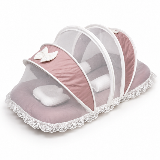 Adorables Mesh Infant Bed | Soft Linea White in Onion Pink | Bow Work with Lace Design | Cotton with Recron Filling