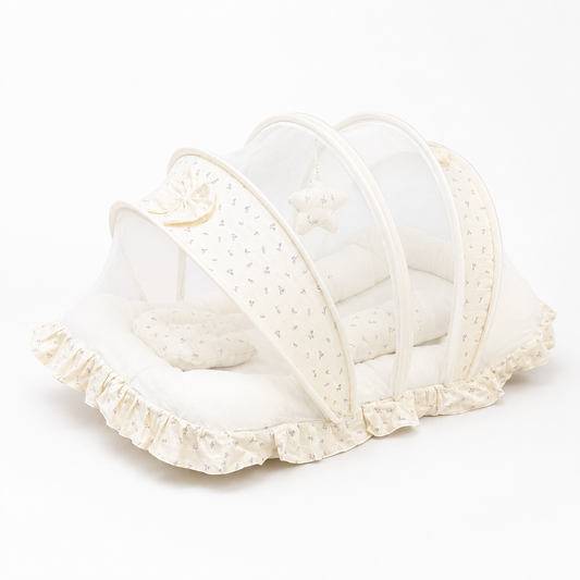 Adorables Mesh Infant Bed | Lavender Mist | Bow Work with Lace Design | Cotton with Recron Filling