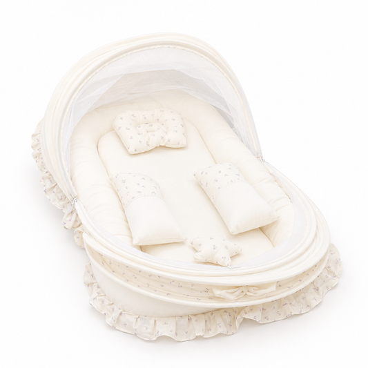 Adorables Mesh Infant Bed | Lavender Mist | Bow Work with Lace Design | Cotton with Recron Filling