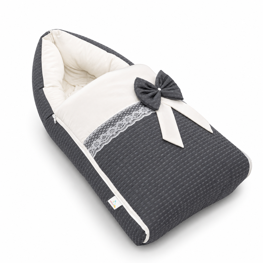 Adorables Baby Sleeping Bag | Soft Linea Grey & White | Bow Work & Lace Design | Cotton with Recron filling