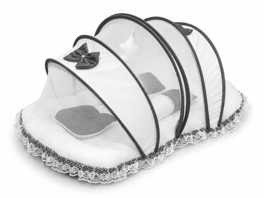 Adorables Mesh Infant Bed | Soft Linea Grey in White | Bow Work with Lace Design | Cotton with Recron Filling