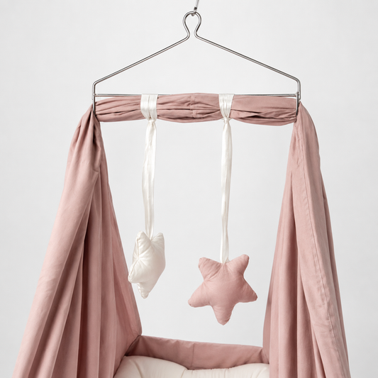 Adorables Bed Cradle | Soft Linea White in Onion Pink | Cotton with Recron | Includes Star Hangings and Removable Net
