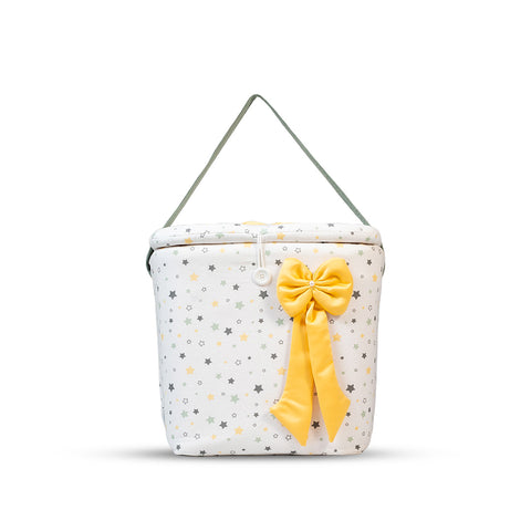 Adorables Baby Round Bedding Combo Set 3 in 1 | White & Olive Green | Star Print, Bow & Lace | Cotton & Recron | With Round Bed, Basket (L) & Baby Holder