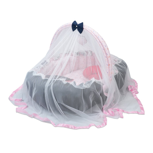 Adorables Oval Bed - (King Size) | Navy Blue & Light Pink | Specks Print | Hanging Pillow | Lace Design | Removable Net