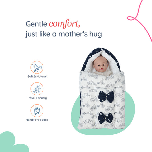Adorables Baby Holder | Navy Blue & White | Cycle Print, Bow Work & Lace Design | Cotton & Recron
