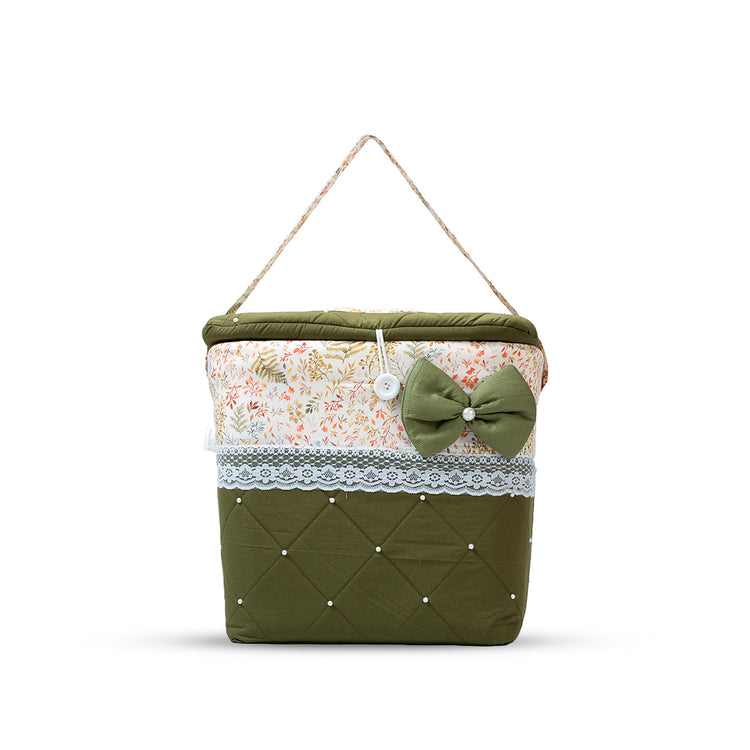 Adorables Baby Round Bedding Combo Set 3 in 1 | Olive Green & Off White | Leaf Print | Cotton & Recron | With Round Bed, Basket (L) & Baby Holder