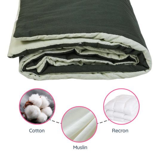 Adorables Quilt-L | Light Green & Dark Green | Cotton & Recron Sheet | Includes Side & Neck Pillows