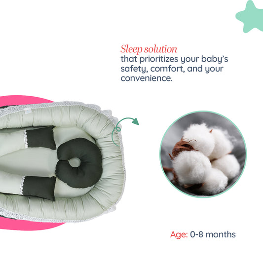 Adorables Baby Nest | Light Green & Dark Green | Lace Design | Cotton & Recron | With Removable Net & Pillows
