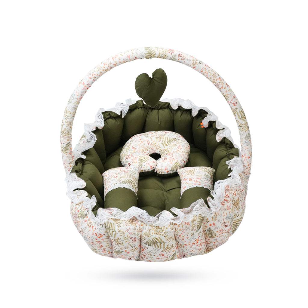 Adorables Baby Oval Bedding Combo Set 3 in 1 | Olive Green & Off White | Leaf Print, Lace & Bow Detailing | Cotton & Recron | Includes Oval Bed, Sleeping Holder & Storage Basket
