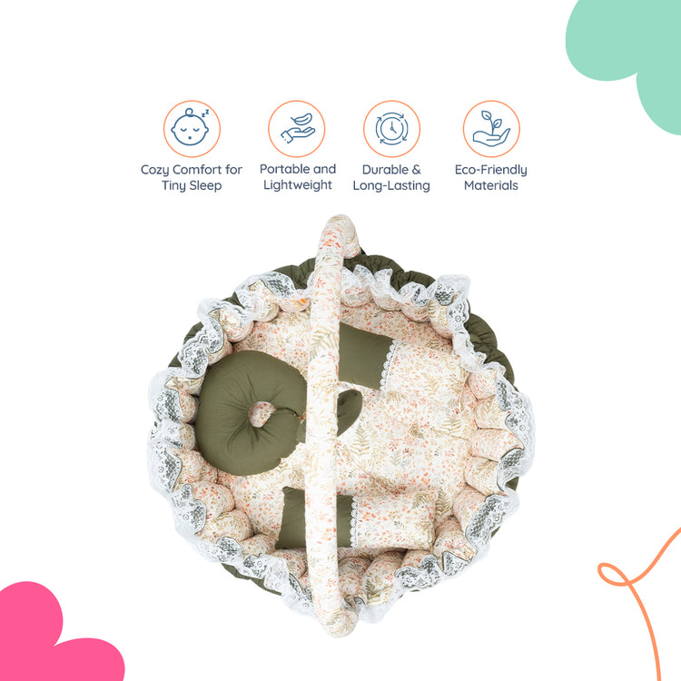 Adorables Baby Round Bedding Combo Set 3 in 1 | Olive Green & Off White | Leaf Print | Cotton & Recron | With Round Bed, Basket (L) & Baby Holder
