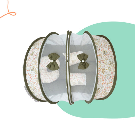 Adorables Hospital Bed | Olive Green & Off White | Leaf Print, Bow Work with Lace Design | Cotton with Recron Filling