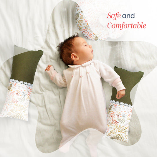 Adorables Pillow Set – Olive Green & Off White | Leaf Print with Lace Design, Side & Neck Pillows